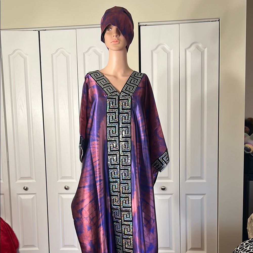 Africa Designs Purple and Brown Kaftan Maxi Dress with sequins Sleeves